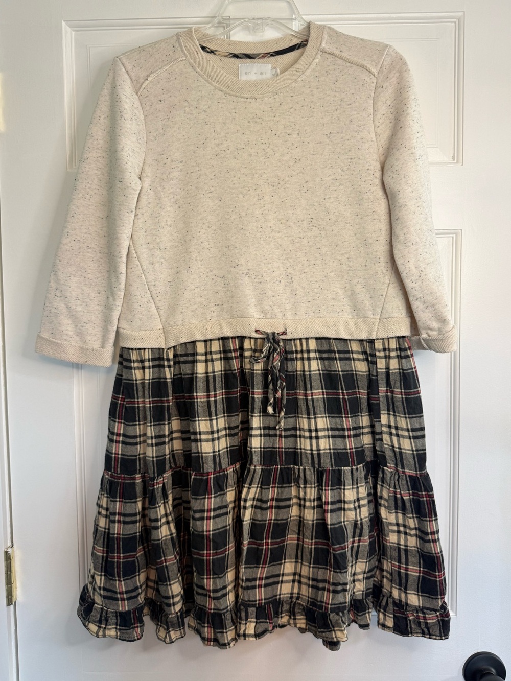 Anthropologie Eri + Ali Oatmeal Sweatshirt Plaid Flannel Tiered Dress